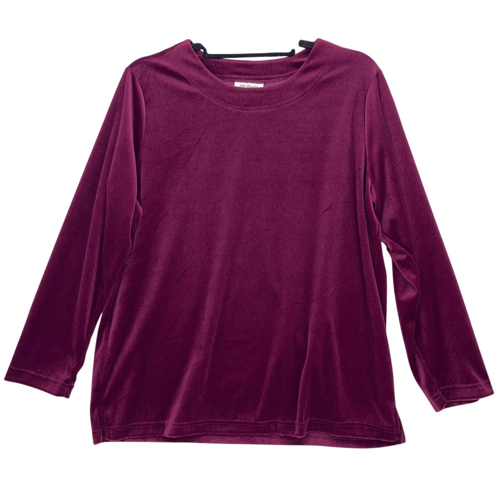 CW Classics Burgundy Velvet Long Sleeve Top L Crew Neck Side Slits Stretch